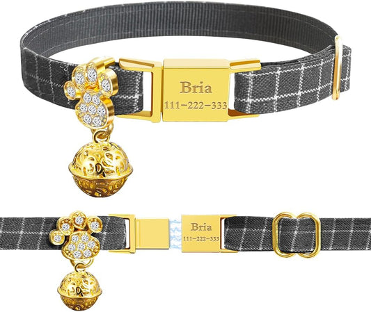 Personalized Breakaway Cat Collars - Magnetic Buckle, Bell - Safety Quick Release, Customized for Girls & Boys Cats- (Checkered-Grey)