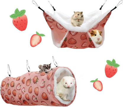 LEFTSTARER Pet Small Animal Hanging Hammock Ferret Bunkbed Hammock Cage Toy for Hamster Rat Sugar Glider Parrot Guinea Pig Hideout Play Sleep (Strawberry Hammock and Tunnel)