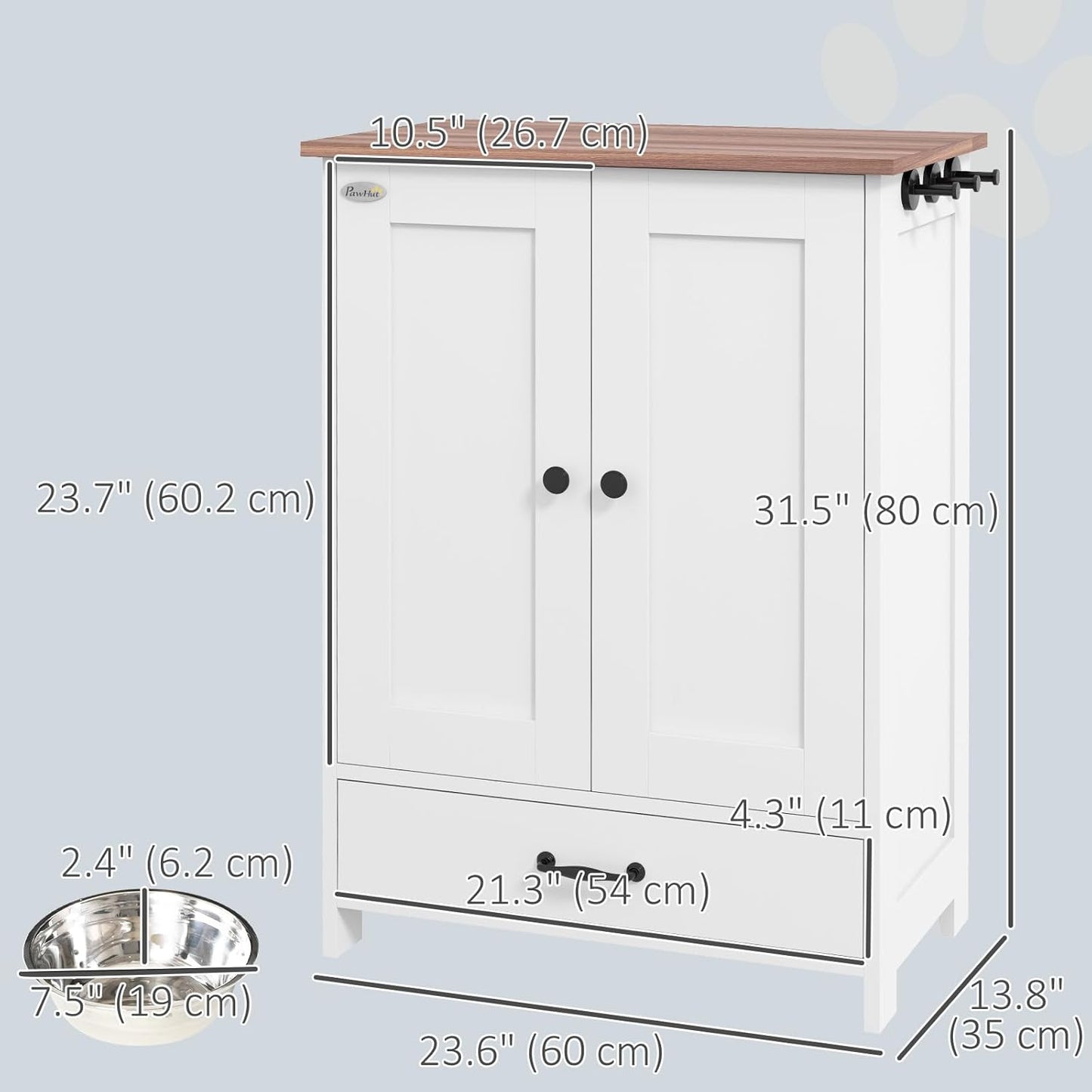 PawHut Pet Feeding Station, Elevated Dog Bowls, Dog Food Storage Cabinet with Hidden Bowls, Adjustable Panel, Hooks for Medium Sized Breed, White