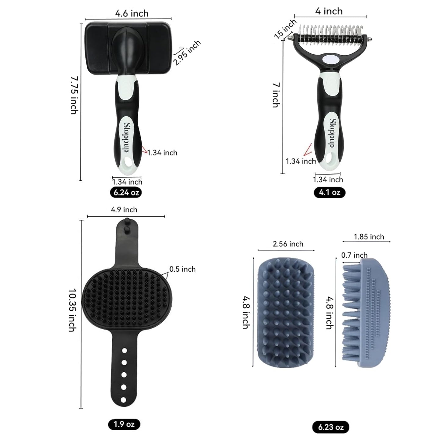 Dog Brush Kit for Grooming Short & Long Haired Dogs & Cats, 4-in-1 Pet Grooming Set with Self-Cleaning Slicker Brush, Deshedding Tool, Shampoo Bath Comb, Massge Comb (White Black)