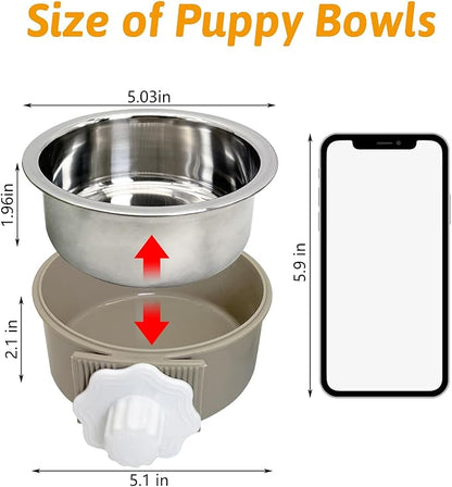 Hamiledyi Crate Dog Bowl Cat 2 Pcs Removable Stainless Steel Hanging No Spill Pet Bowl for Kennels Durable Detachable Design Fits Small Medium Dog Cages (Grey