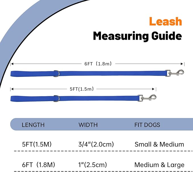 Waterproof Dog Leash, 5/6 FT Durable Odor-Proof Dog Leashes with Strong Metal Hooks Fits Small Medium or Large Dogs (Blue, 5FT - 3/4 inch Width)