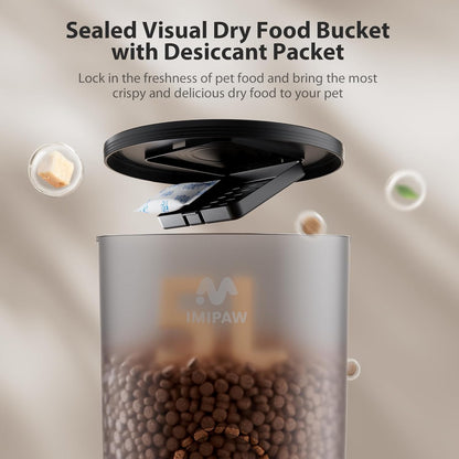 IMIPAW Automatic Cat Feeders, 5L Large Capacity, Timed Feeding Dry Food, Dual Power Design, Programmable Portion Size, 1-6 Meals Per Day, with Desiccant Packet, Suitable for Small Pets Food Dispenser