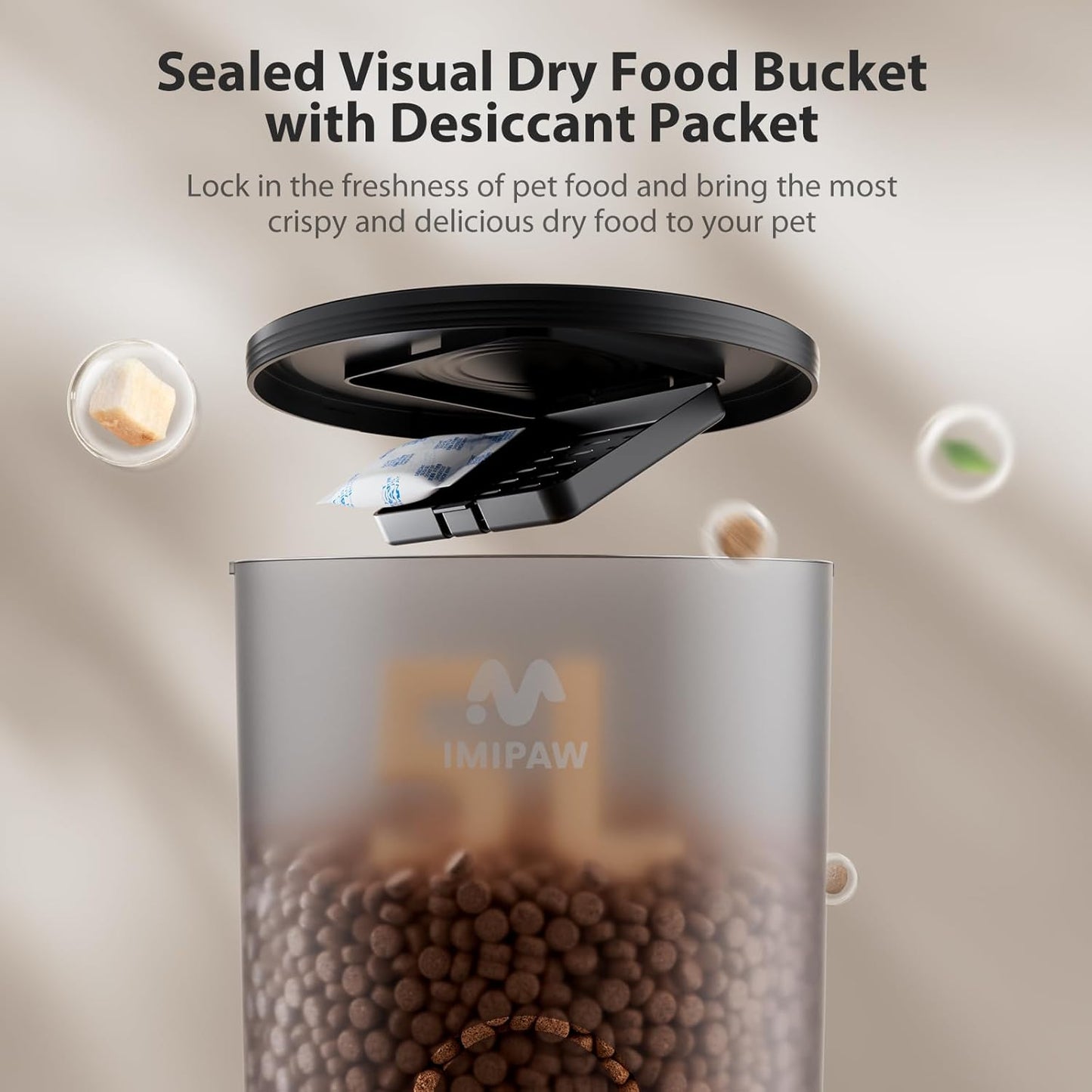 IMIPAW Automatic Cat Feeders, 5L Large Capacity, Timed Feeding Dry Food, Dual Power Design, Programmable Portion Size, 1-6 Meals Per Day, with Desiccant, Suitable for Small Pets Food Dispenser, Black