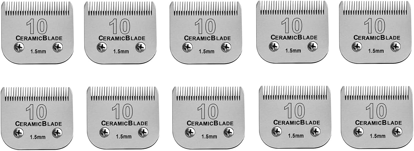 10 Pack Detachable Pet Dog Grooming Clipper Ceramic Blade Sets,Compatible with Andis Size 10 Cut Length 1/16"(1.5mm),Compatible with andis/Oster A5/Wahl 10KM Series Clippers