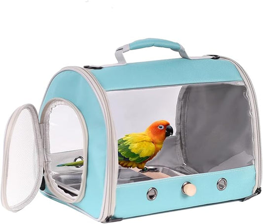 Long Tail Portable Bird Travel Carrier Cage with Metal Tray Soft Mat and Wooden Standing Perch, Hands Free Lightweight Clear 2 Windows Carry Bag for Parakeet Budgies Cockatiel Transport to Vet