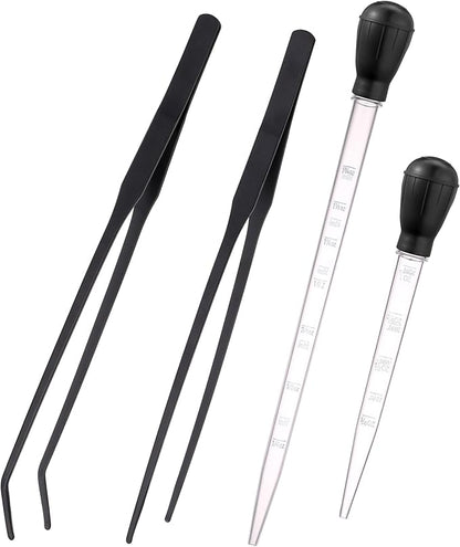 4 in 1 Aquarium Coral Feeder Kit, 2pcs Coral Feeder, with 2pcs Feeding Long Tweezers for Aquarium Marine Fish Reef Aquatic Plant Spider Snake Lizard (Black)