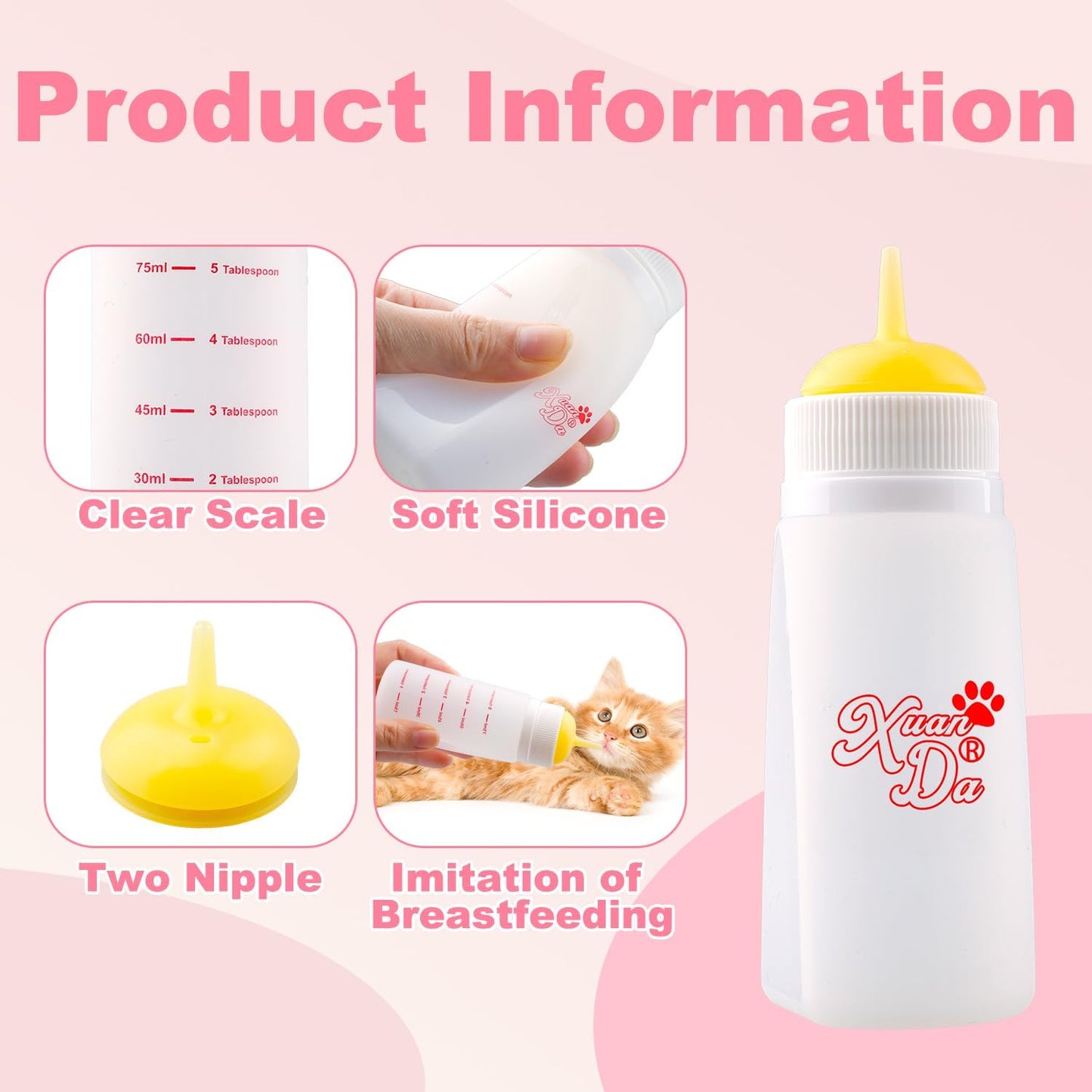 Kitten Bottle Feeding kit with Feeding Nipple and Syringe, Soft Silicone Nursing Pet Feeding Bottle, Ventilation Valve Resistant Tearing for Small Puppies, Kittens, Rabbit (M Nipple-Yellow)
