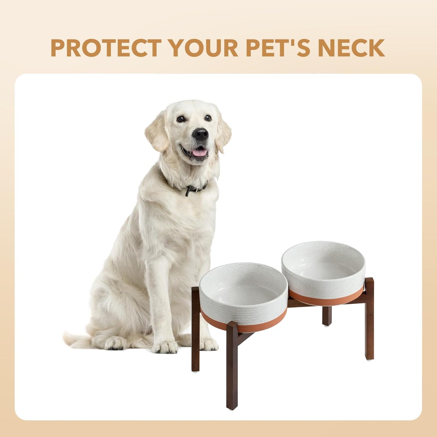 Ceramic 8.2inch Raised Double Dog Bowls Set with Acacia Wood Stand, Food & Water Bowls for Large Breed Dogs, Weighted Pet Dishes(60oz, Vanilla White)