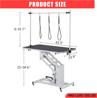 Professional Hydraulic Dog Grooming Table Heavy Duty 350Lbs, Adjustable Overhead Arm & Noose, Non-Slip PVC Top for Large Dogs, Salon-Grade Pet Grooming Station (White)
