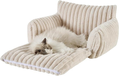 Hollypet Cat Bed Fluffy Plush Mutifuctional Double-Layer Soft Pet Couch Orthopedic Sofa Nest Beds for Small Cats and Dogs, Cream (25x20x13 inch)
