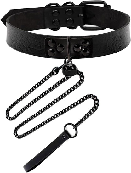 Leather Collar and Leash with Bell for Pet, Gothic Choker Necklace Accessories for Halloween Cosplay
