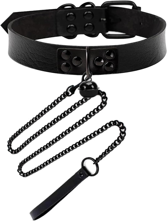 Leather Collar and Leash with Bell for Pet, Gothic Choker Necklace Accessories for Halloween Cosplay