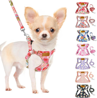 SlowTon No Pull Dog Harness with Leash - Soft Lightweight Floral Pattern Puppy Harness, Adjustable Pet Harness for Small Medium Dogs (Pink Rose S)