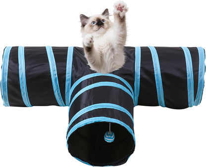 Pet Cat Tunnel, T-3 Way Tunnels for Indoor Cats, Collapsible Pet Tunnel for Kitten, Puppy, Rabbit, 25cm-Wide Tunnels, Durable & Breathable, with Peek Hole Toy Ball