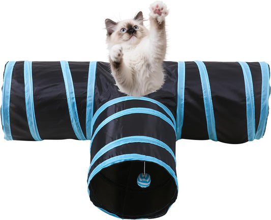 Pet Cat Tunnel, T-3 Way Tunnels for Indoor Cats, Collapsible Pet Tunnel for Kitten, Puppy, Rabbit, 25cm-Wide Tunnels, Durable & Breathable, with Peek Hole Toy Ball