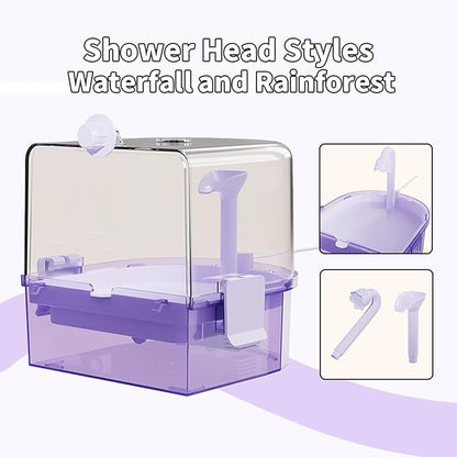 Automatic Bird Baths for Cage – Indoor Parakeet Bath with Pump, Bird Shower with 2 Modes Running Water, Bird Cage Accessory for Pet Birds Conure Budgies Cockatiels Lovebird (Purple)