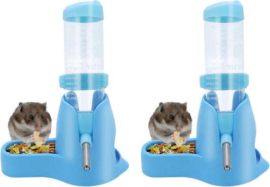 Wontee 3 in 1 Hamster Water Bottle Small Pet Automatic Water Dispenser with Food Container Base Hideout for Dwarf Hamster Mice Gerbils, 2 Pack (Blue, 125ML)