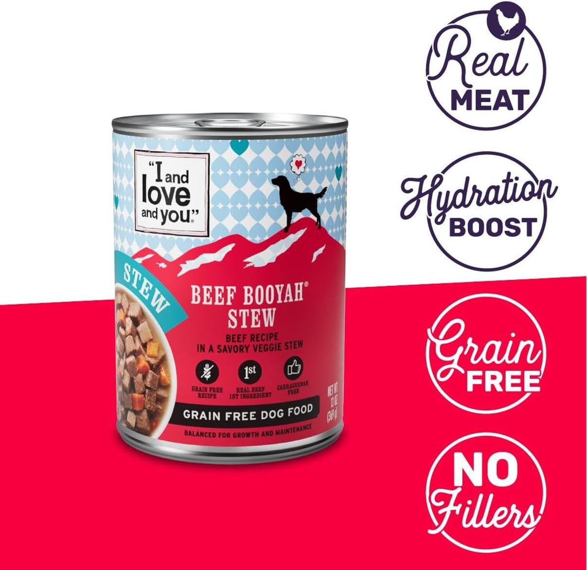 I AND LOVE AND YOU Wet Dog Food - Beef Booyah Stew - Beef Recipe, Grain Free, Filler Free 13oz can, 12pk