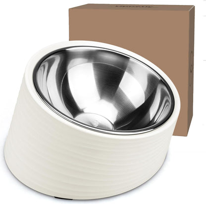 Tilted Angle Dog Bowl, 15° Slanted Stainless Steel Dog Cat Food Bowl, Non-Slip & Non-Spill Pet Feeder with Elevated Detachable Melamine Stand, Easy to Get Food Dish, Large 2 Cup White