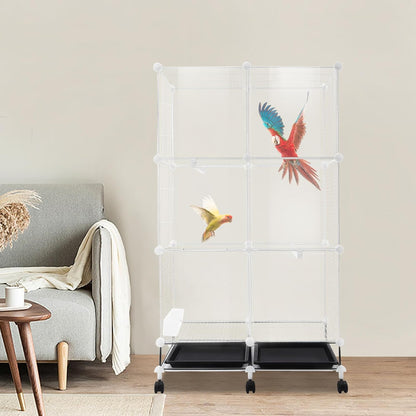 49" H Wrought Iron Bird Cage Parrot Cage, 3-Tier Movable Birdcage Parakeet Cage w/Wheels, 360° View Spacious Interactive Bird House Pet Bird Flight Cage for Medium&Small Birds (Transparent)