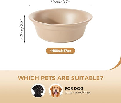 Ceramic 8.7inch Dog Bowl for Large Dogs, Basic Food and Water Bowl for Replacement, Wide Opening Rounded Edge(Single Bowls, Oat Beige)