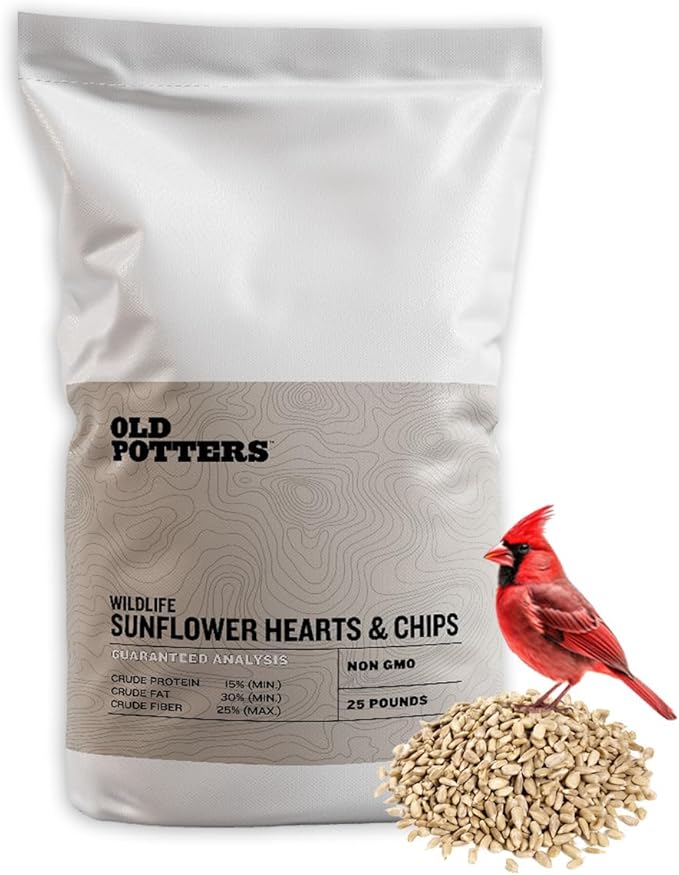 Old Potters Wildlife Sunflower Hearts & Chips for Bird Feeding and Wildlife Bird attracting, Non-GMO and USA Grown, 25 lbs