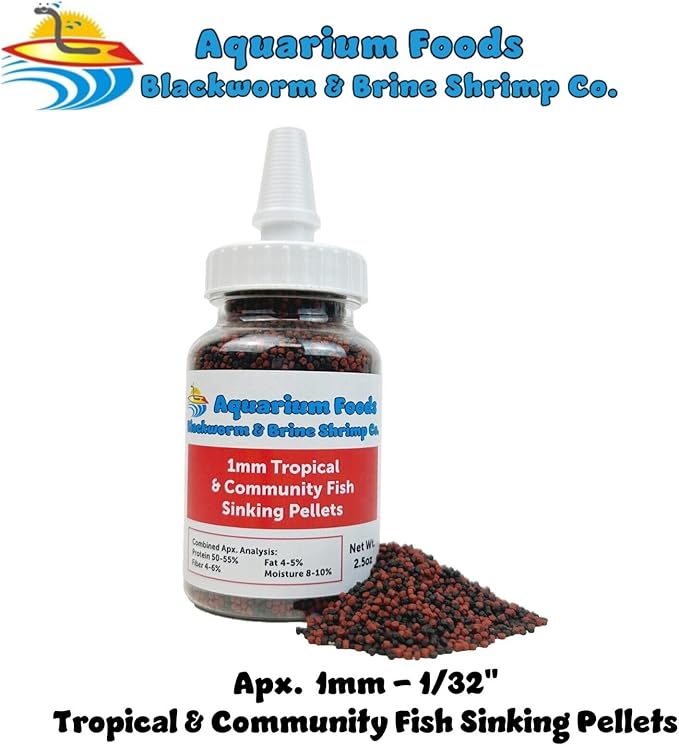 Aquatic Foods Inc. Our Original Blackworm and Color Enhancing Tropical Community Fish 1mm High Protein Sinking Pellet Mix of Blackworm and Color Enhancing Pellets…2.5oz Squeeze Bottle