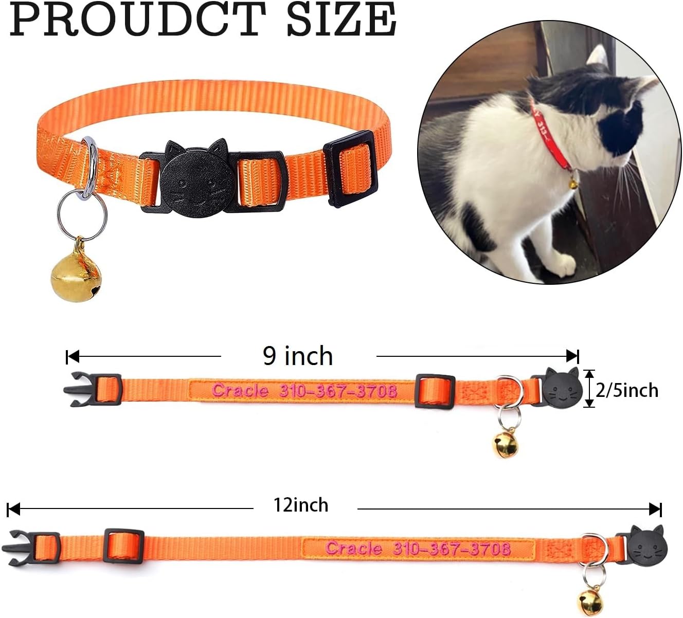 shangye Personalized Cat Collar, Custom Embroidered Cat Collars with with Name and Phone Number, Nylon ID Collar for Cat or Kitten with Breakaway Safety Release Buckle with Bell