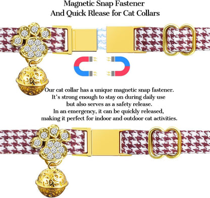Personalized Breakaway Cat Collars - Magnetic Buckle, Bell - Safety Quick Release, Customized for Girls & Boys Cats- (Houndstooth-Burgundy)