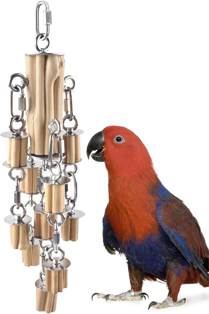 KATUMO Parrot Toys for Large Birds with Detachable Parts, 304 Stainless Steel and Natural Hardwood Chew Toy for Macaw, Cockatoo, African Greys, Medium to Large Parrots, Safe and Durable