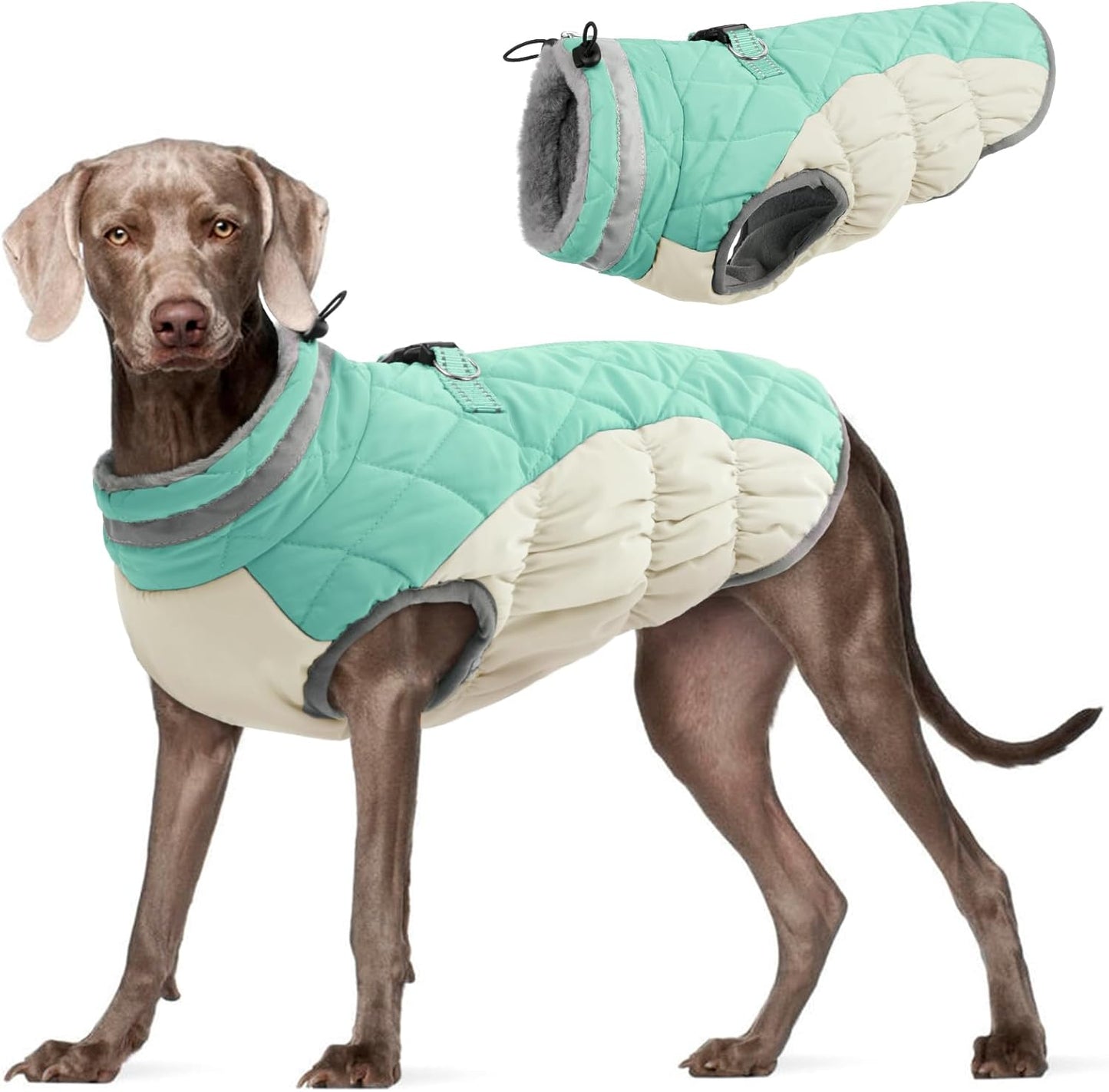 FUAMEY Dog Coat for Large Dogs,Waterproof Dog Winter Jacket with Harness Built in Puppy Cold Weather Coats Reflective Pet Vest with Zipper Warm Fleece Dogs Snowsuit Windproof Mint Green L