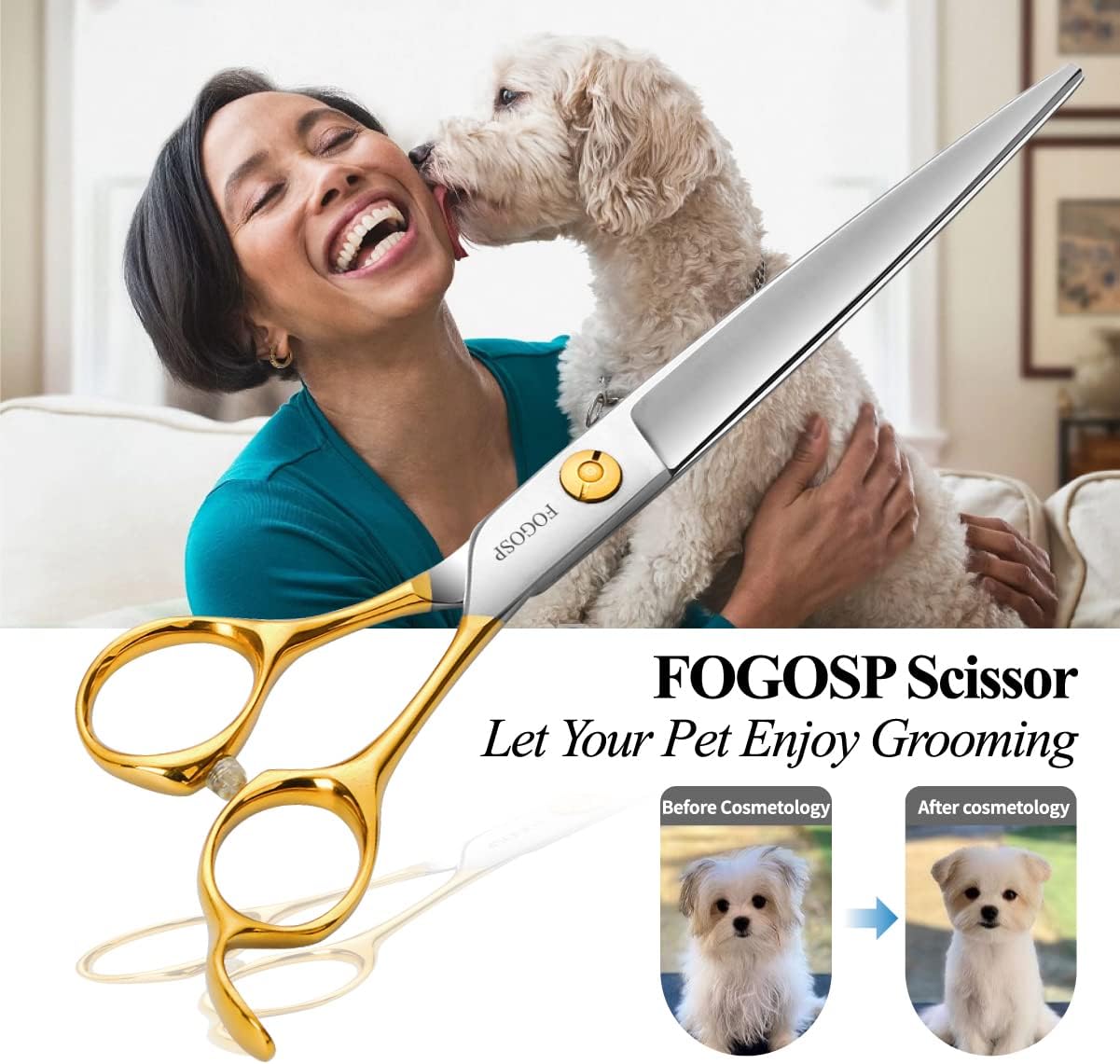 Professional Dog Grooming Scissors Straight 7.5" Pet Grooming Shears for Cutting Small Dogs Cat Thick Hair Japan 440C Stainless Steel Right Handed(7.5in Straight, Gold)