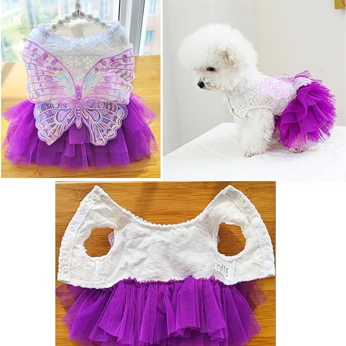 ANIAC Butterfly Dog Dress with Purple Tutu Funny Dog Clothes with Wing Girl Puppy Dress for Small Dogs Pet Butterfly Costume Holiday Cat Outfit for Halloween Birthday Wedding (Purple, Large)