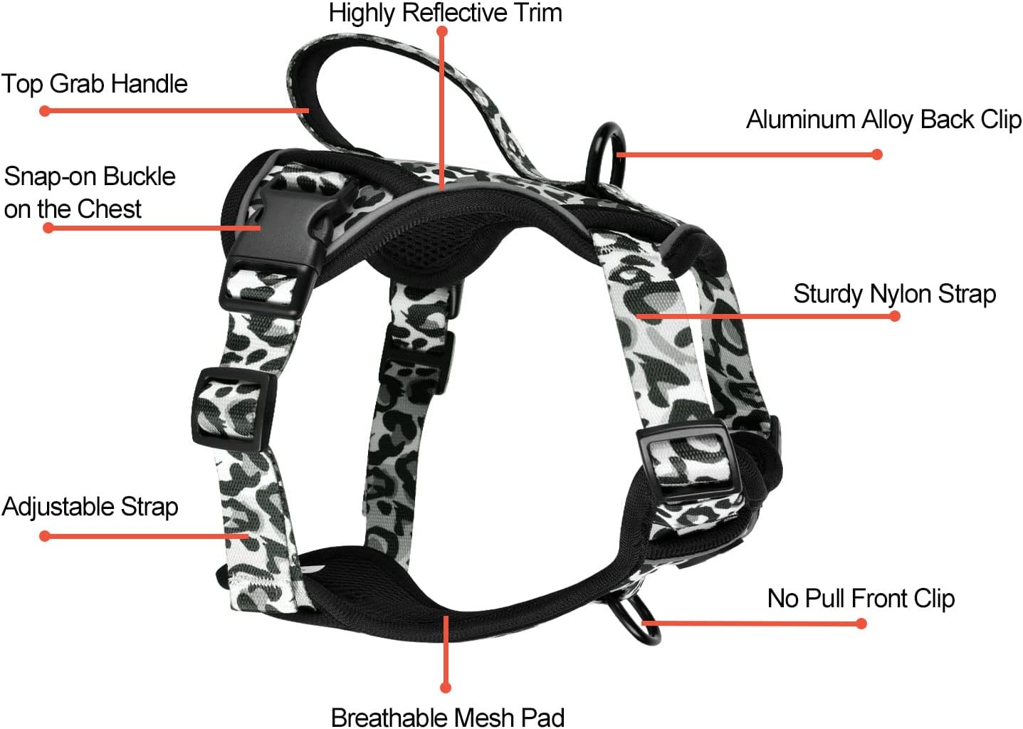 Petmolico Dog Harness for Small Dogs, Cute Harness Vest with Two Leash Clips and Soft Handle, Reflective Easy Walk Puppy Vest - Grey Leopard, Medium