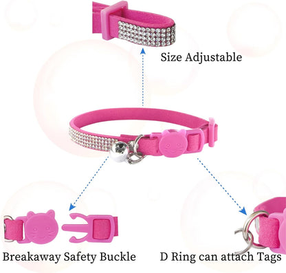 Rhinestone Cat Collar Breakaway with Bell Safety Buckle, Adjustable Diamond Girl Boy Kitty Cute Comfy Collar for Kitten Tiny Little Pets Rabbits, 6"-9" Hotpink Extra Small
