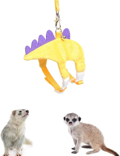 Ferret Leash and Harness Set, Dinosaur Design Small Animal Harness with Leash, Adjustable & Escape-Proof, Soft Plush Comfort for Rabbits, Kitten, Bunny, Hedgehog (Yellow)
