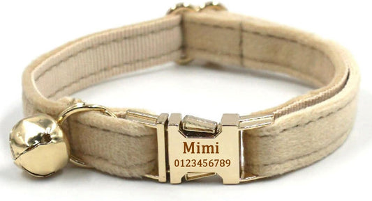 Personalized Cat Collar with Bells,Velvet Customized Small Cat Collar with Name Tag,Pet Collar with Name Phone Number Engraved ID Tags for Boy and Girl Kitten Cats (Milk Tea)