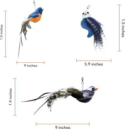 Chirping Bird Replacement Heads for Cat Toys - Set of 3 - Realistic Calling Bird Sounds, Vibrant Feather Designs, Easy Clip-On for Endless Fun