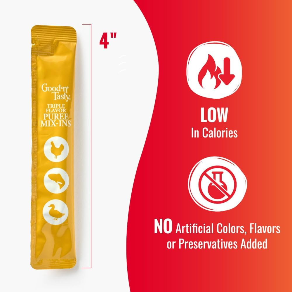 Good 'n' Tasty Triple Flavor Puree Mix-Ins Dog Food Topper Treats for All Dogs, 7 Count, Easy Single-Serve Portions, Added Protein with Chicken, Salmon and Duck