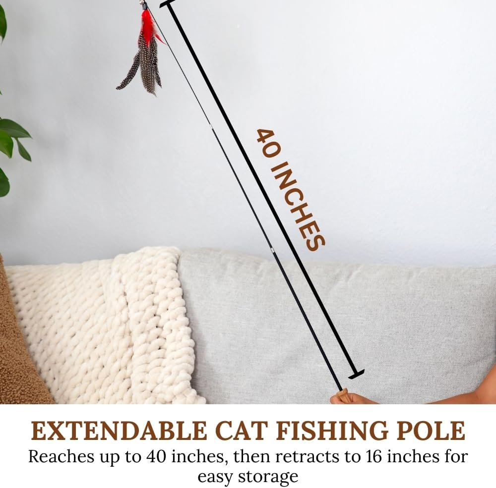 Cat Toys Set Cat Fishing Pole Retractable Wand Suction Cup & Hanging Teaser Wand for Indoor Cats & Kittens Feather Attachments Ribbon