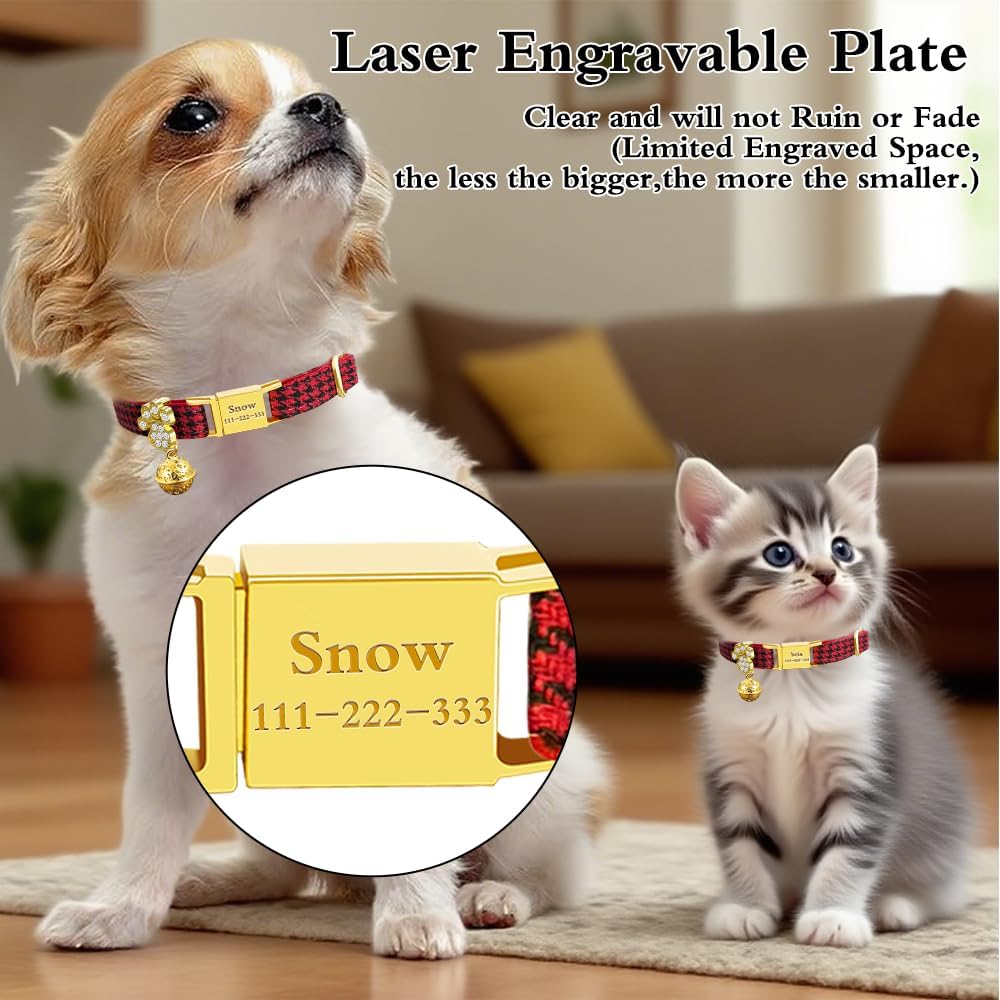 Personalized Breakaway Cat Collars - Magnetic Buckle, Bell - Safety Quick Release, Customized for Girls & Boys Cats- (Houndstooth-Red)