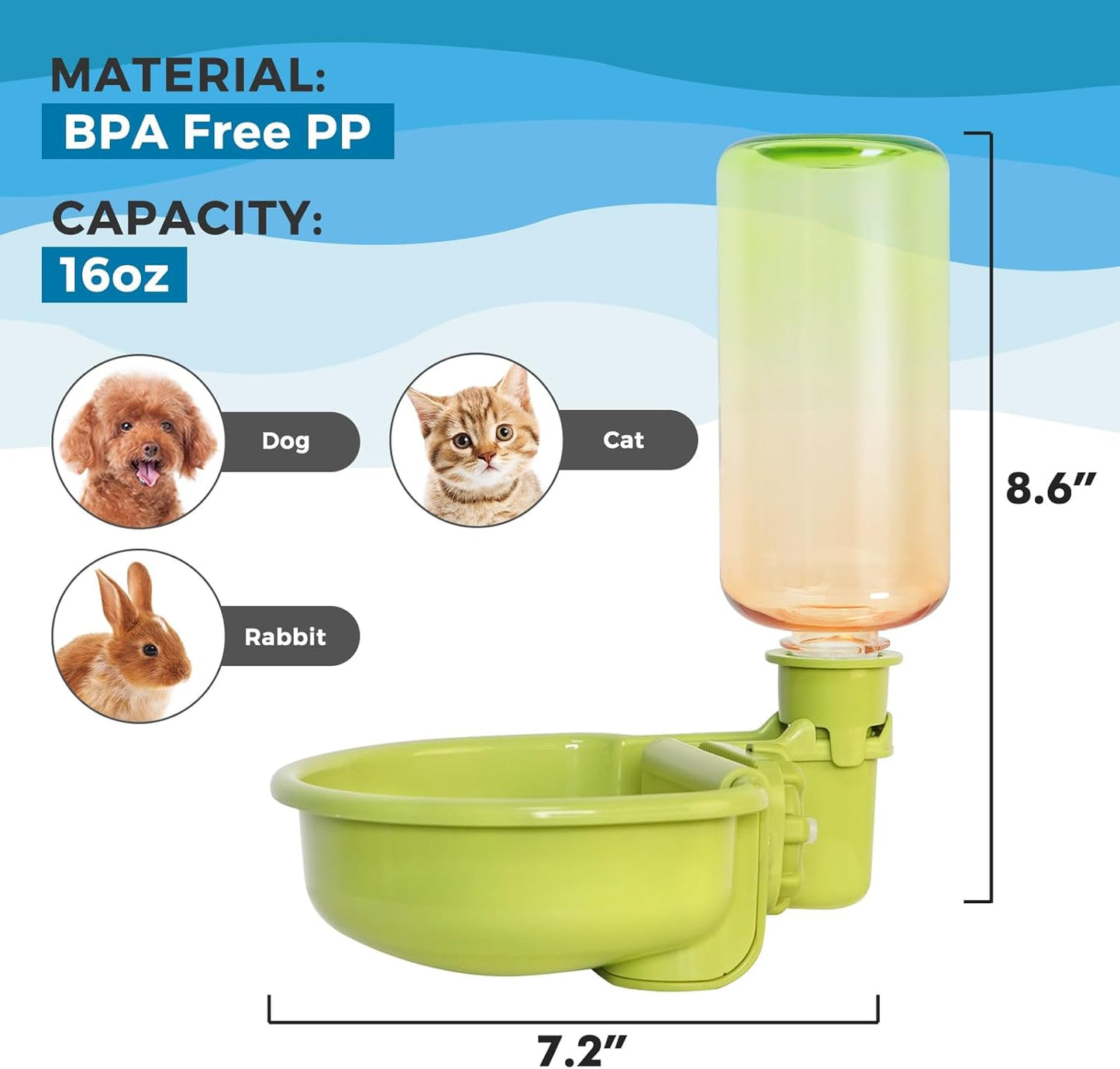 VANNON 16oz Pet Water Bottle, Gravity Dog Water Bowl Dispenser for Cage, Anti-Overflow Water Dispenser for Small Dogs, Cats, Rabbits and Other Small Animals, BPA Free, Gradient Green