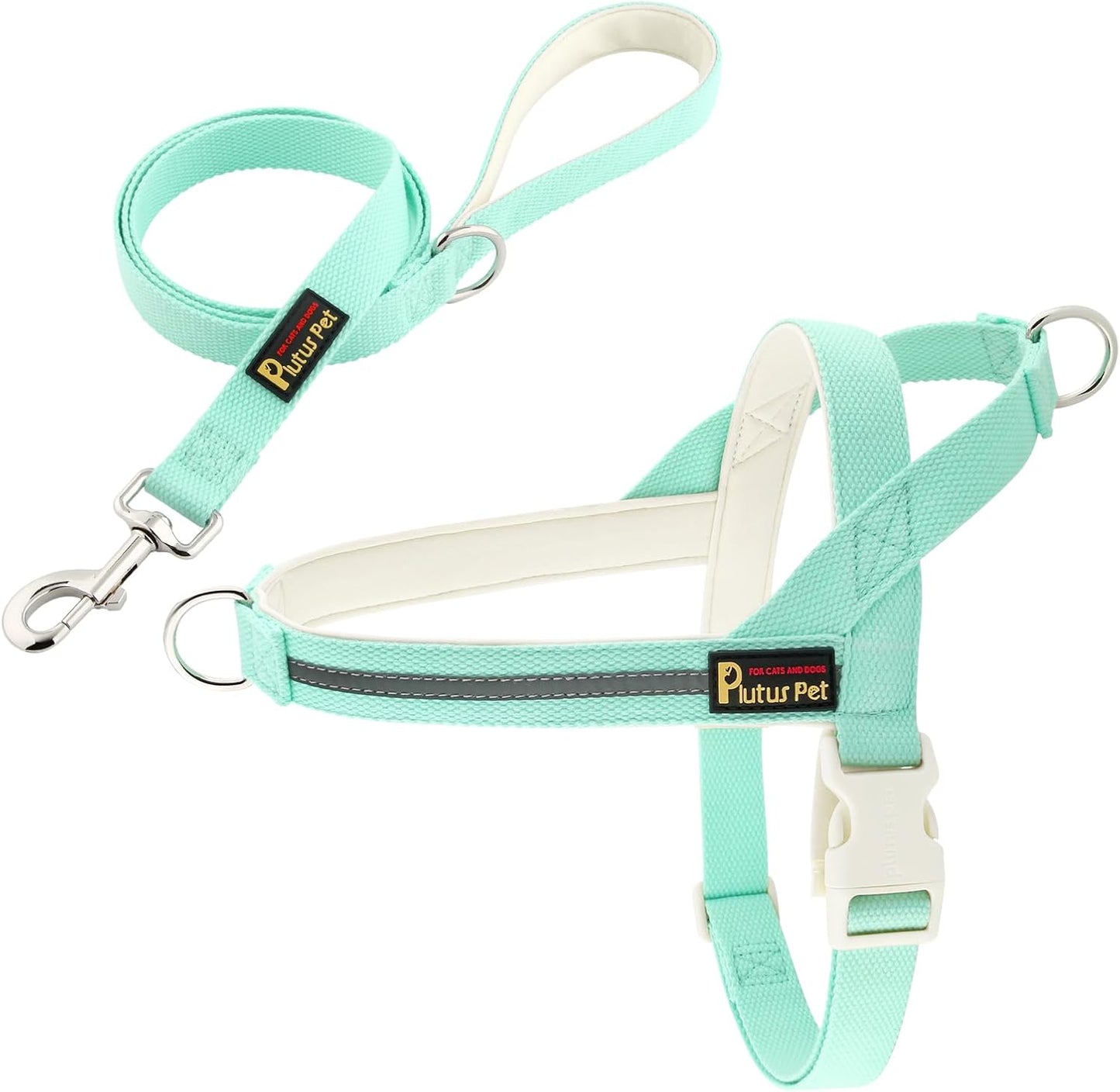 Plutus Pet Cotton Dog Harness and Leash Set, Reflective and Soft Padded, Quick Fit Vest Harness, for Small, Medium and Large Dogs, Light Cyan, L