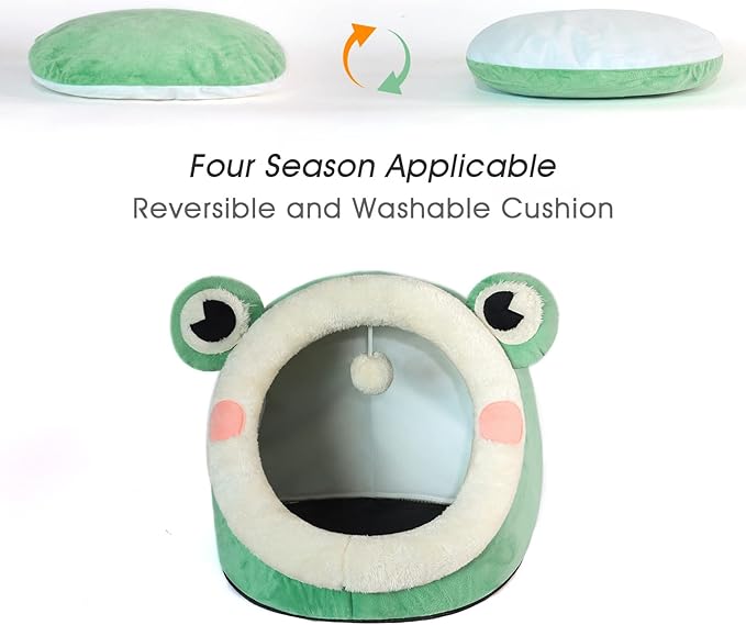 Jiupety Cute Cat Bed, Indoor Lovely Velvet Igloo for Cat, Warm Cave Sleeping Nest Bed for Puppy and Kitten, Green Frog, S