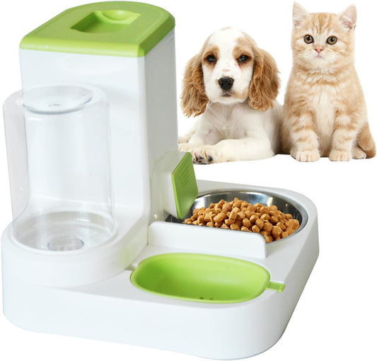 Automatic Cat Food and Water Dispenser Set 2 in 1,All-in-One Gravity Pet Feeder with Stainless Steel Cat Food Bowl Travel Auto Supply Feeder and Water Dispenser for Small Medium Cats Dogs (Green)
