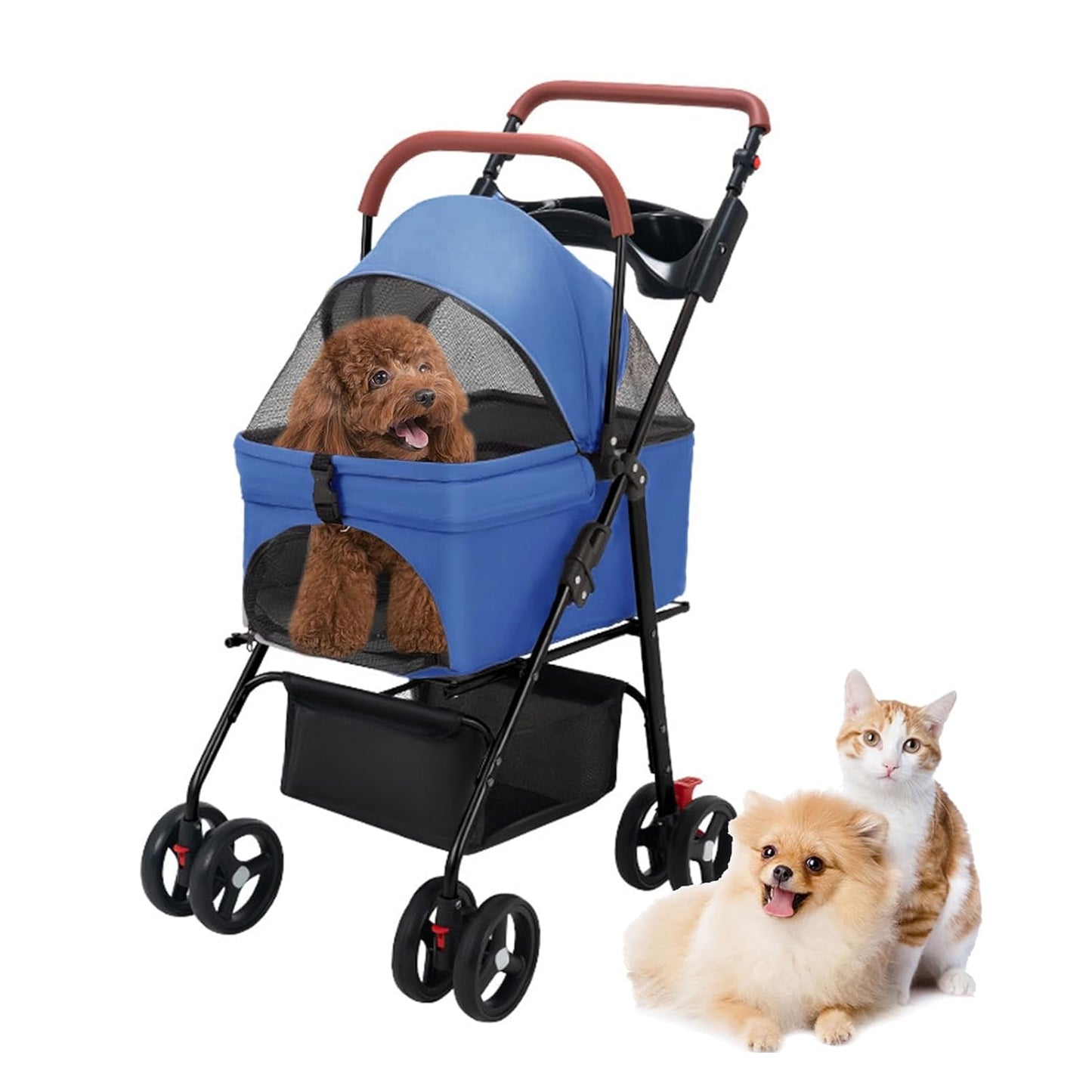 Pet Stroller Pram Dog Carrier Trailer 4 Wheels Foldable Dog with Storage Basket,Holds up to 44 lbs,Adjustable Handle,Folding Travel Stroller Suitable for Traveling with Cats and Dogs (Blue)