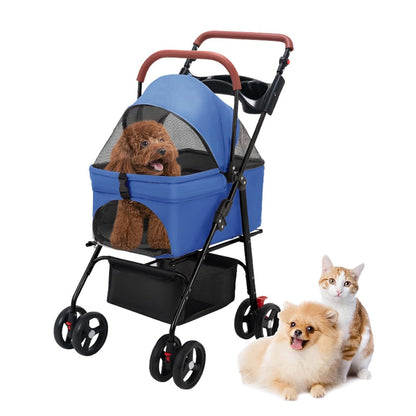 Pet Stroller Pram Dog Carrier Trailer 4 Wheels Foldable Dog with Storage Basket,Holds up to 44 lbs,Adjustable Handle,Folding Travel Stroller Suitable for Traveling with Cats and Dogs (Blue)