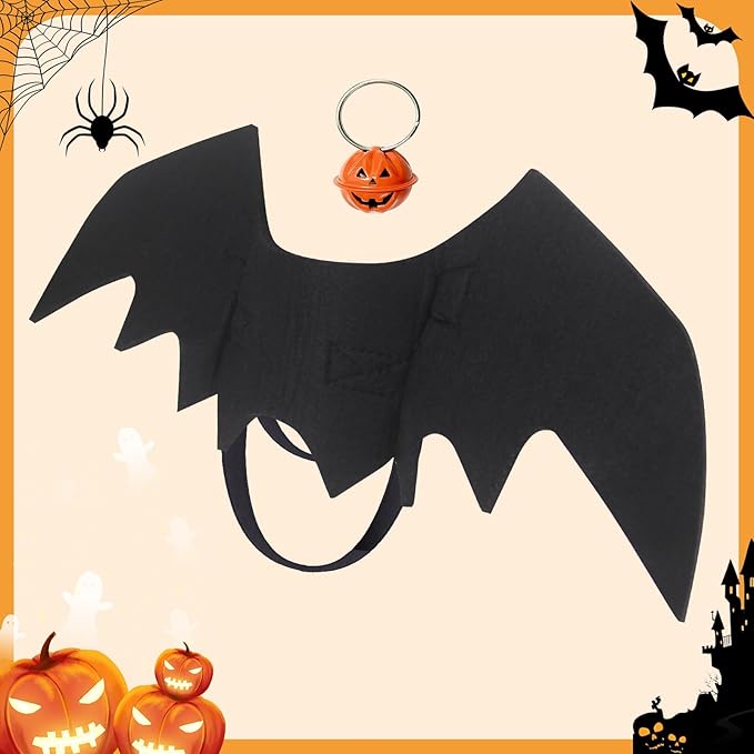 Cat Halloween Costume, Small Dog Halloween Costumes - Bat Wing with Pumpkin Bell for Pet Halloween Cosplay Party Dress Up Accessories (Large)