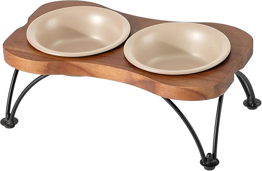Ceramic 5.5-inch Raised Double-Bowl Set with Non-Slip Stand, Food & Water Dishes for Puppies and Cats, Wide Opening with Rounded Edges(Oat Beige)